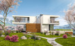 © korisbo - 3d rendering of modern cozy house by the river with garage. Fresh spring day with a blooming garden. For sale or rent with flowers of sakura on background