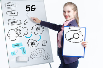 business, technology, internet and networking concept. young entrepreneur showing keyword: 5g