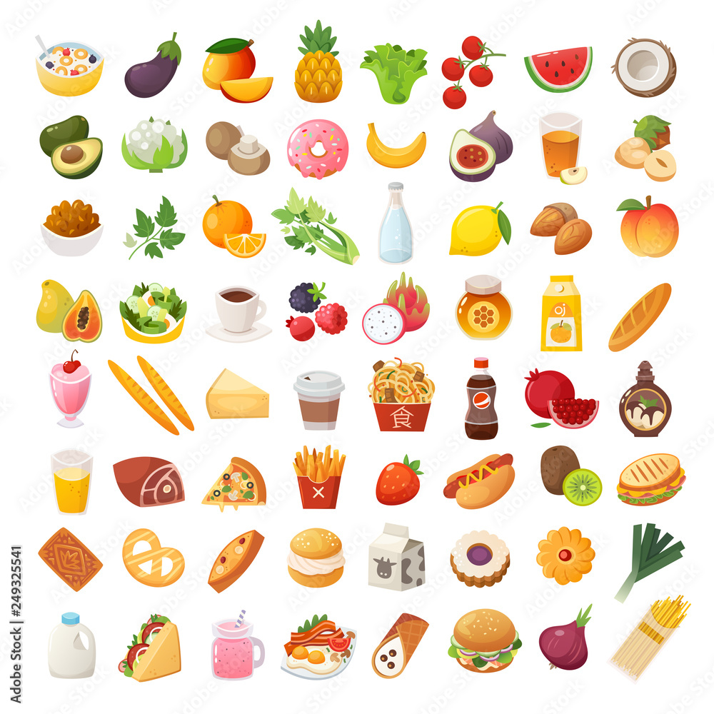 Set of colorful food icons. Bakery, dairy food, fruit and vegetables. Desserts fast food and pasta images. Isolated vector cartoon icons on white background. - obrazy, fototapety, plakaty 