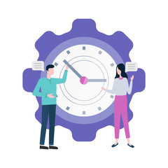 Poster - Time management people with big clock vector. Isolated man and woman with watch, timing and planning organization, characters with working plan job
