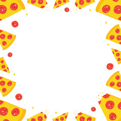 Wall Mural - Vector frame, card template with cute pepperoni pizza slices and dots.