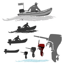 Head Coach Of The Club Fishermen Rides On A Rubber Boat With A Motor. Set Of Silhouettes. Totally Vector Illustration