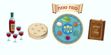 Passover Holiday - Translate Hebrew Lettering, Card, Icon, Logo. Pesach Plate For Passover Seder Decorative Vintage Floral Frame, Six Traditional Symbols Matzah - Jewish Traditional Bread Prayer Book