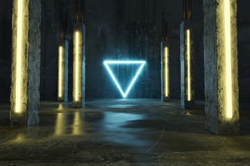 Fototapete - 3d rendering of blue lighten triangle shape next by concrete pillars and grunge floor with puddles