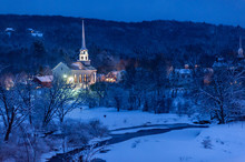 Community Church At Dusk During The Winter, Stowe, Vermont, USA