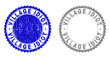 Grunge VILLAGE IDIOT stamp seals isolated on a white background. Rosette seals with grunge texture in blue and grey colors. Vector rubber stamp imprint of VILLAGE IDIOT text inside round rosette.