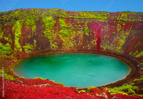 Famous Colorful And Dangerous Kerid Volcanic Crater With Lake Inside On Iceland During Sunset Summer Time Buy This Stock Photo And Explore Similar Images At Adobe Stock Adobe Stock