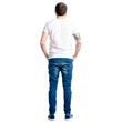 © Kabardins photo - Man in white t-shirt and jeans standing looking on white background isolation, back view