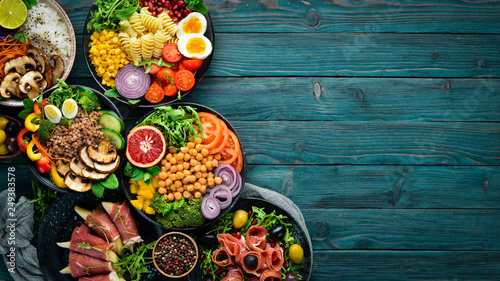Plakaty do kuchni assortment-of-healthy-food-dishes-top-view-free-space-for-your-text