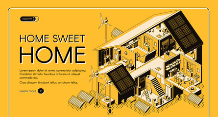 energy self-sufficient house isometric vector web banner, landing page. cottage rooms cross section 