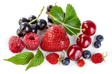 Set fresh berry. Mix summery fruit raspberry strawberry currant blueberry and wild strawberry with green leaf still life, isolated on white background.