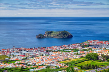 Aerial view of Vila Franca do Campo town with its famous volcanic islet near the coast, located on Sao Miguel island of Azores, Portugal.