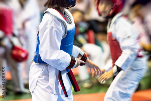 Dekoracja na wymiar  moment-taekwondo-kids-na-stadionach-zawodnik-uderzajacy-przeciwnika-podczas-turnieju