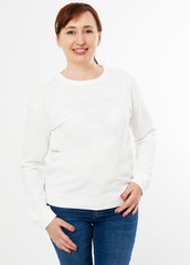 Canvas Print - White long sleeve t-shirt on smile middle aged woman in jeans isolated, front , mockup