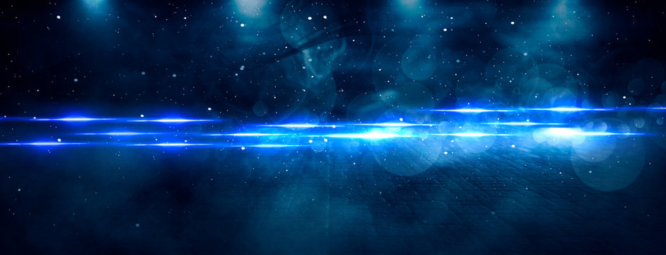 Wet asphalt, reflection of neon lights, a searchlight, smoke. Abstract light in a dark empty street with smoke, smog. Dark background scene of empty street, night view, night city.