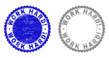 Grunge WORK HARD! Stamp Seals Isolated On A White Background. Rosette Seals With Grunge Texture In Blue And Grey Colors. Vector Rubber Stamp Imprint Of WORK HARD! Label Inside Round Rosette.