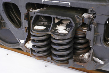 Wall Mural - details of the wheel train in the winter, wheels of the locomotive, closeup