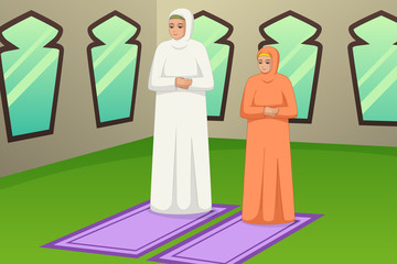 Wall Mural - Muslim Mother and Daughter Praying Illustration