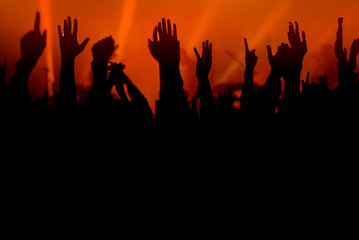 Wall Mural - Hands silhouettes of the crowd raised up at music show. Colorful background