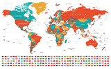 Fototapeta Mapy - World Map and Flags - borders, countries and cities -illustration