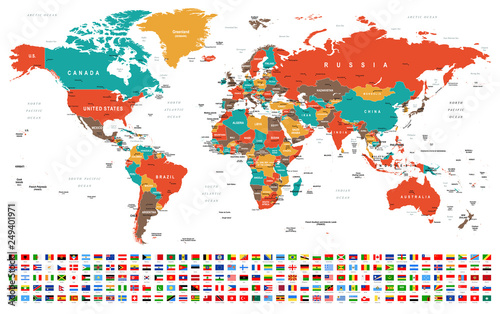 Naklejka na drzwi World Map and Flags - borders, countries and cities -illustration