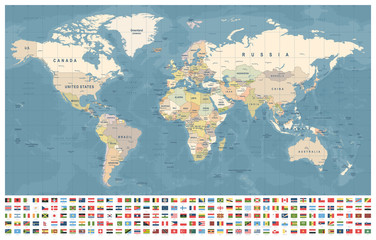 World Map and Flags - borders, countries and cities - vintage illustration