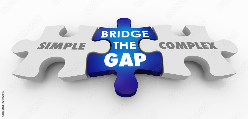 Simple Vs Complex Bridge the Gap Puzzle Pieces 3d Illustration - obrazy, fototapety, plakaty 