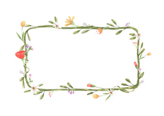 watercolor frame of flowers, vine, leaf. botanic ornament concept. painting on white background. iso