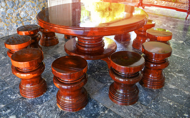 Wooden of table dinner / Round table set and chairs interior kitchen room in house