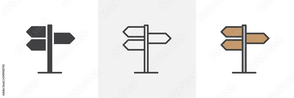 Traffic direction board icon. Line, glyph and filled outline colorful version, street signpost outline and filled vector sign. Symbol, logo illustration. Different style icons set. Pixel perfect  - obrazy, fototapety, plakaty 