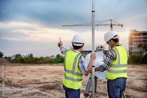 Surveyor equipment. Surveyor’s telescope at construction site, Surveying for making contour plans are a graphical representation of the lay of the land before startup construction work