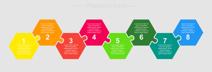 Wall Mural - Eight step, part pieces puzzle hexagon infographic