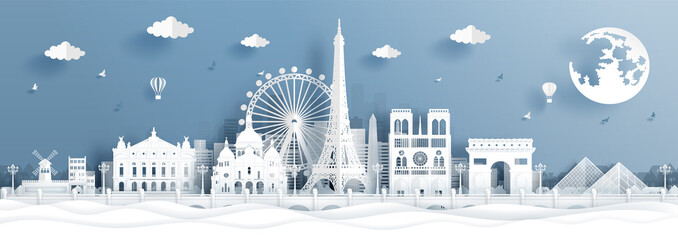 Fototapete - Panorama postcard and travel poster of world famous landmarks of Paris, France in paper cut style vector illustration
