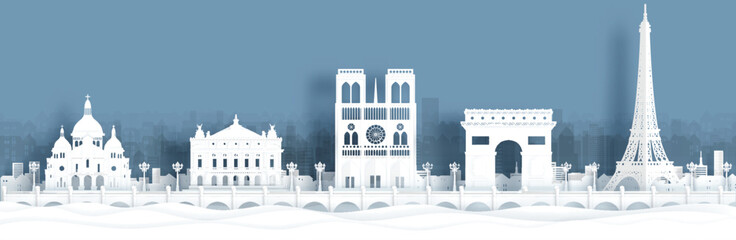 Wall Mural - panorama view of paris, france skyline with world famous landmarks in paper cut style vector illustr