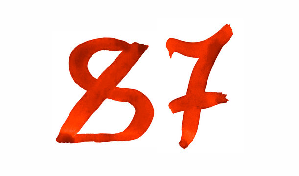 The number 87, painted with a brush in watercolor. Vintage symbol made by hand.