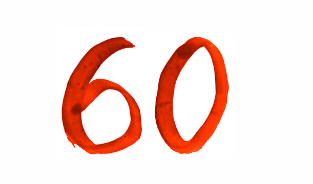 The number 60, painted with a brush in watercolor. Vintage symbol made by hand.