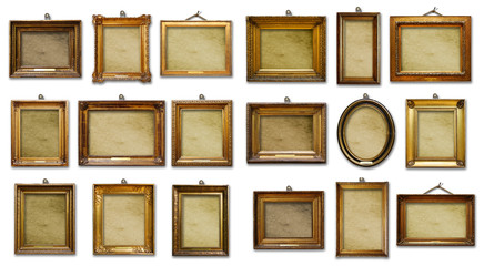 Set of three vintage golden baroque wooden frames on  isolated background