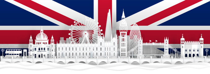 Wall Mural - england flag and famous landmarks in paper cut style vector illustration.