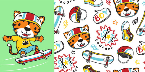 Wall Mural - tiger the skateboarder with skateboard element seamless pattern vector