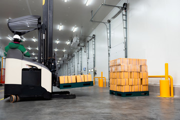 Wall Mural - Worker Stand-on stacker truck used to lift and move the ready meals goods stock in cold room or freezer room.