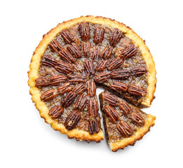 Tasty pecan pie on white background