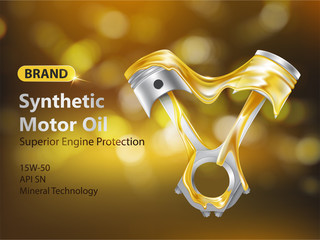 Brand new synthetic motor oil 3d realistic vector advertising banner with internal combustion engine pistons in fluid and dripping lubricant illustration. Engine protection product promotion poster