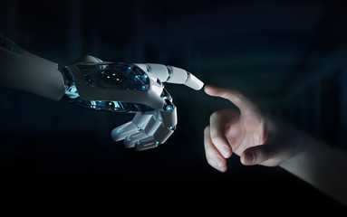 Poster - Robot hand making contact with human hand on dark background 3D rendering