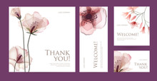 A Set Of Postcard With The Words Of Gratitude. Design Template Of Business Cards With Abstract Spring Flowers For The Hotel, Beauty Salon, Spa, Restaurant, Club. Vector Illustration
