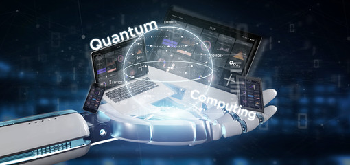 Poster - Cyborg hand holding Quantum computing concept with qubit and devices 3d rendering