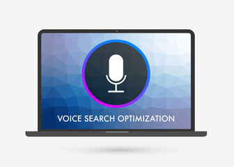 Poster - Voice search optimization on laptop screen flat vector illustration, banner for site with microphone icon. Search by Voice technology for marketing SEO on the dark gradient background