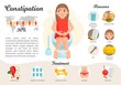 Vector Poster Constipation. Treatment and causes of disease infographics. Illustration of a cute cartoon girl.