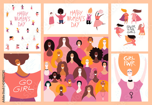 Set of womens day cards with diverse women and lettering quotes. Hand drawn v...