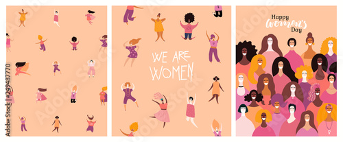 Set of womens day cards with diverse women and lettering quotes. Hand drawn v...