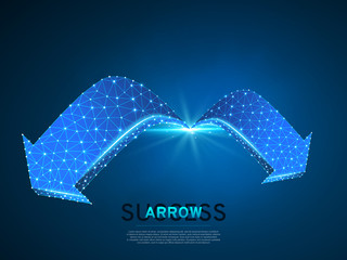 Wall Mural - Arrow growth, success, team work sign. Two arrow goes forward wireframe digital 3d illustration. Low poly colaboration concept with lines, dots on blue background. Vector neon polygonal RGB color